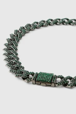 Store boohooMAN Iced Cuban Necklace In Green silver