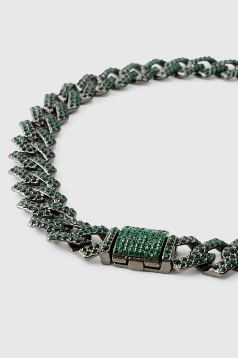 Store boohooMAN Iced Cuban Necklace In Green silver