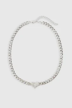 Sale boohooMAN Iced Heart Necklace In silver