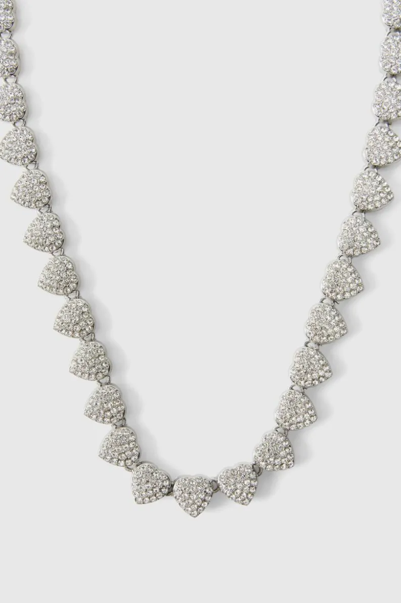 Shop boohooMAN Iced Heart Necklace In silver