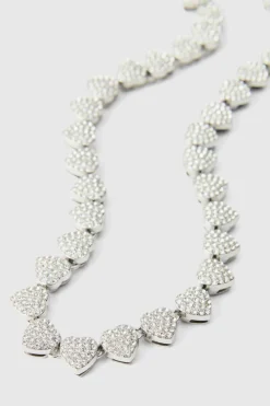 Shop boohooMAN Iced Heart Necklace In silver