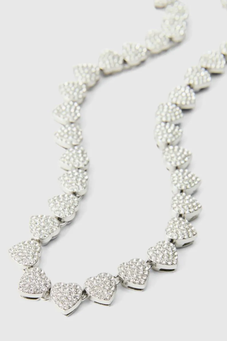 Shop boohooMAN Iced Heart Necklace In silver