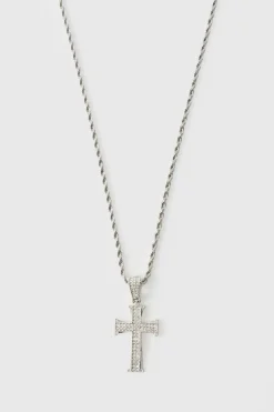 Clearance boohooMAN Iced Out Cross Rope Chain Necklace silver