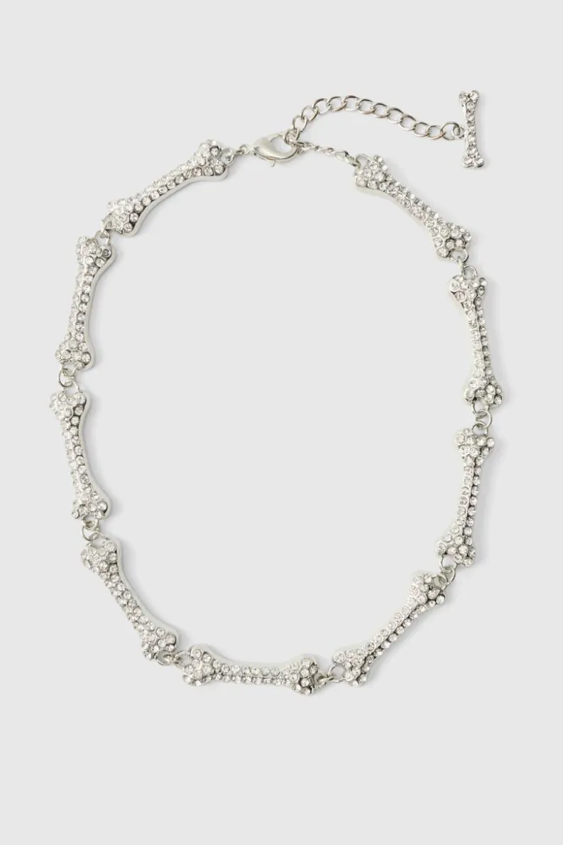 Clearance boohooMAN Iced Out Bone Necklace silver