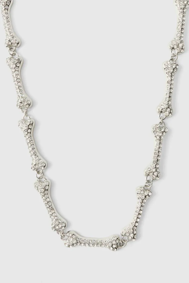 Clearance boohooMAN Iced Out Bone Necklace silver