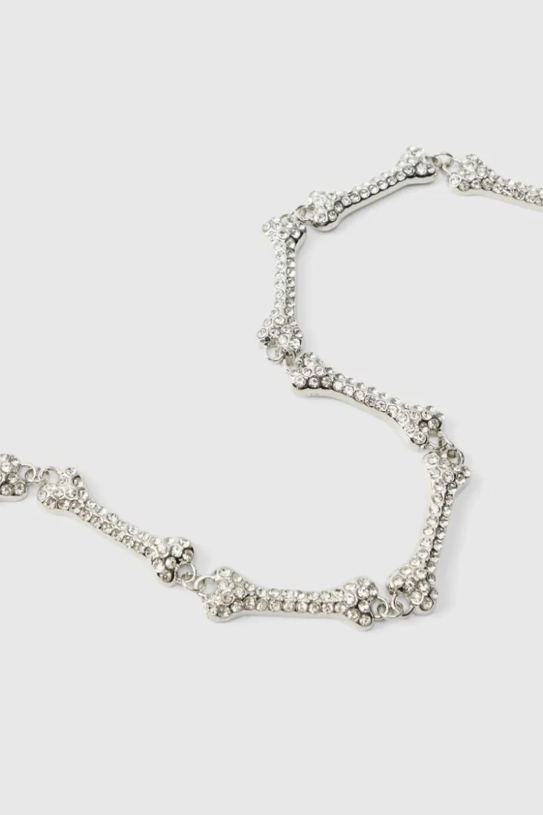 Clearance boohooMAN Iced Out Bone Necklace silver