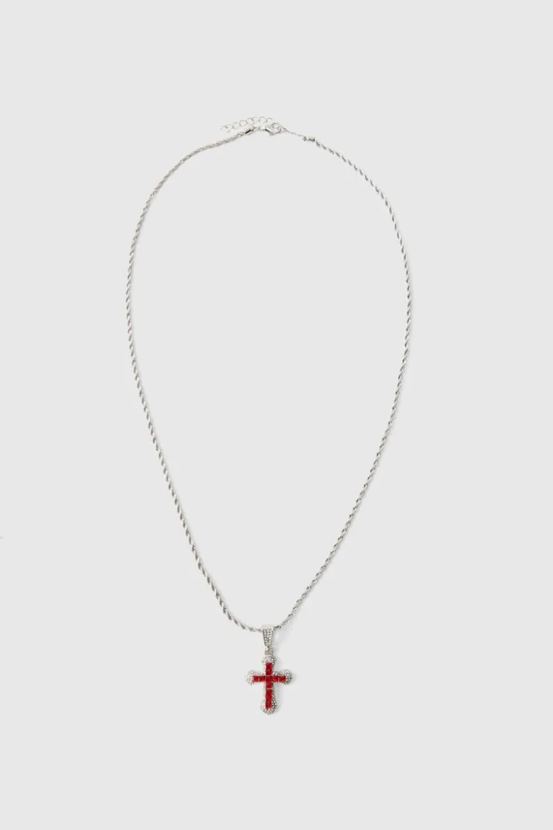 Cheap boohooMAN Iced Pink Cross Necklace silver