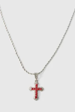 Cheap boohooMAN Iced Pink Cross Necklace silver
