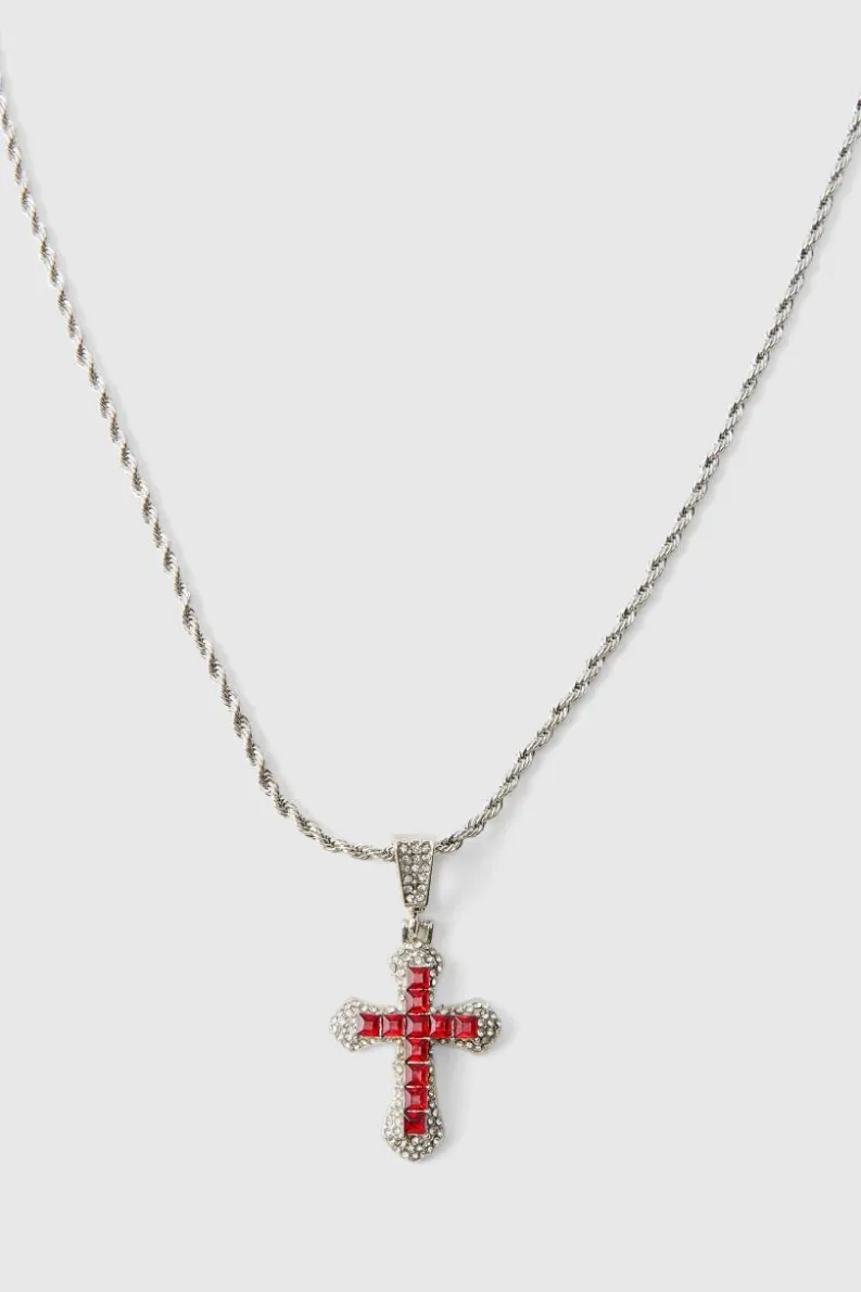 Cheap boohooMAN Iced Pink Cross Necklace silver