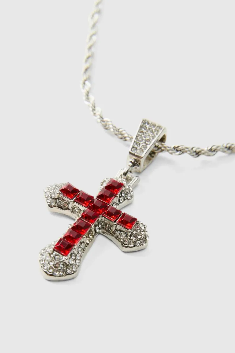 Cheap boohooMAN Iced Pink Cross Necklace silver