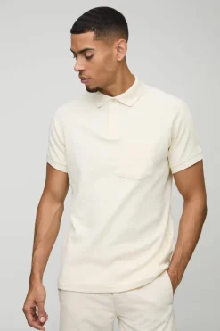 Cheap boohooMAN Jersey Rib Button Up Pocket Polo ecru