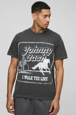 New boohooMAN Johnny Cash Western License Washed T-Shirt charcoal