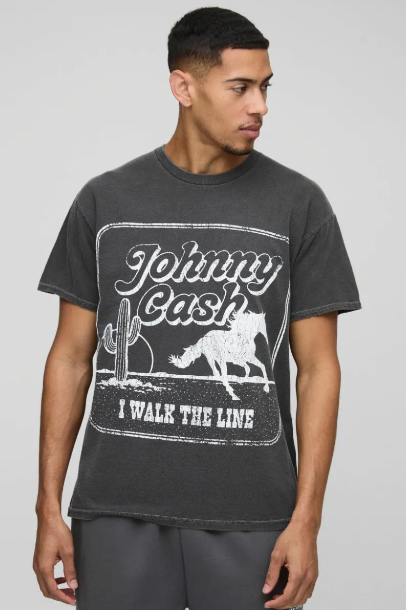 New boohooMAN Johnny Cash Western License Washed T-Shirt charcoal