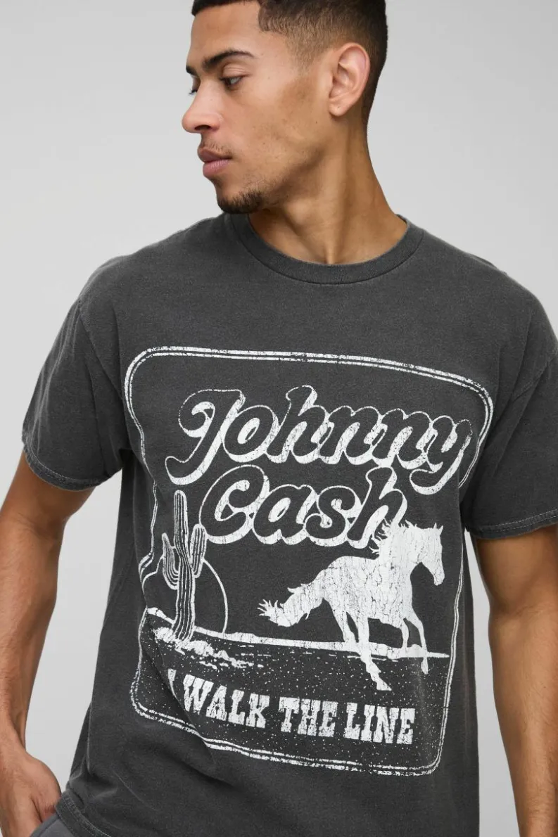 New boohooMAN Johnny Cash Western License Washed T-Shirt charcoal