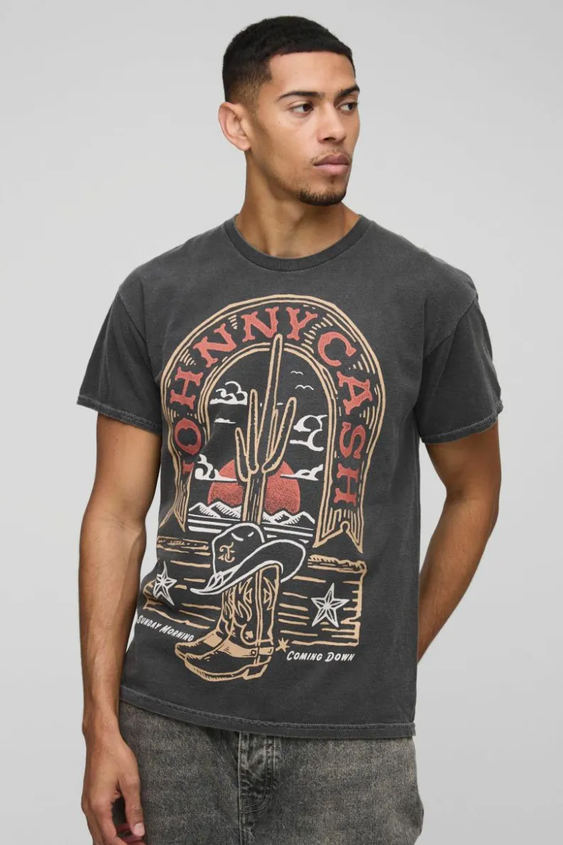 Store boohooMAN Johnny Cash Western License Washed T-Shirt charcoal
