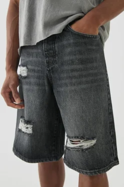 Flash Sale boohooMAN Knee Rip Denim Jorts In washed black