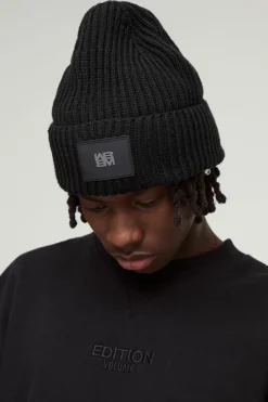 New boohooMAN Knitted PU Plaque Beanie black