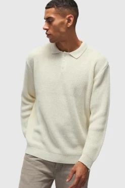 Clearance boohooMAN Knitted Rugby Polo ecru