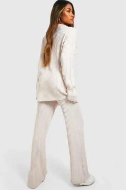 Best boohoo Knitted Shirt & Wide Leg Trouser Co-ord stone
