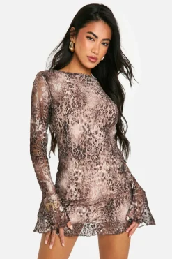 Cheap boohoo Lace Flare Sleeve Mini Dress leopard