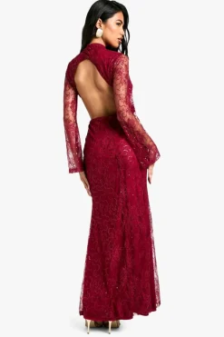 Best boohoo Lace Sequin Open Back Maxi Dress red