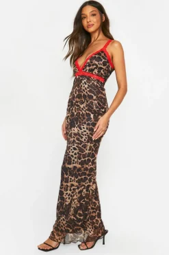 Flash Sale boohoo Lace Trim Mesh Maxi Dress leopard