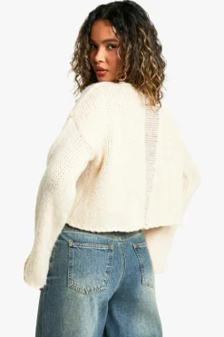 Fashion boohoo Ladder Stitch Back Detail Boxy Crop Jumper light stone