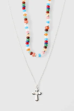 Clearance boohooMAN Layered Bead Necklace silver
