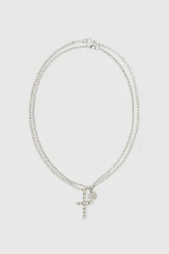 New boohooMAN Layered Cross Iced Necklace silver