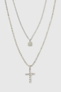 New boohooMAN Layered Cross Iced Necklace silver