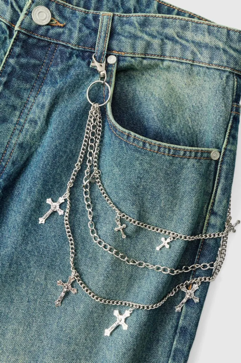 Shop boohooMAN Layered Cross Jean Chain In silver