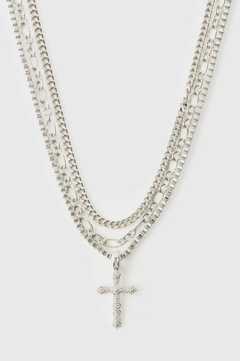 Outlet boohooMAN Layered Cross Necklace silver