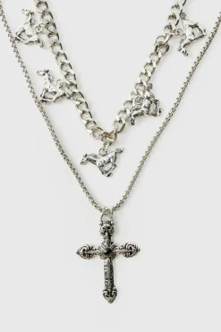 Online boohooMAN Layered Cross Necklace With Charms silver