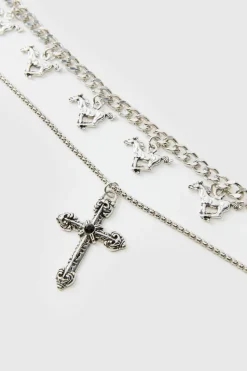 Online boohooMAN Layered Cross Necklace With Charms silver