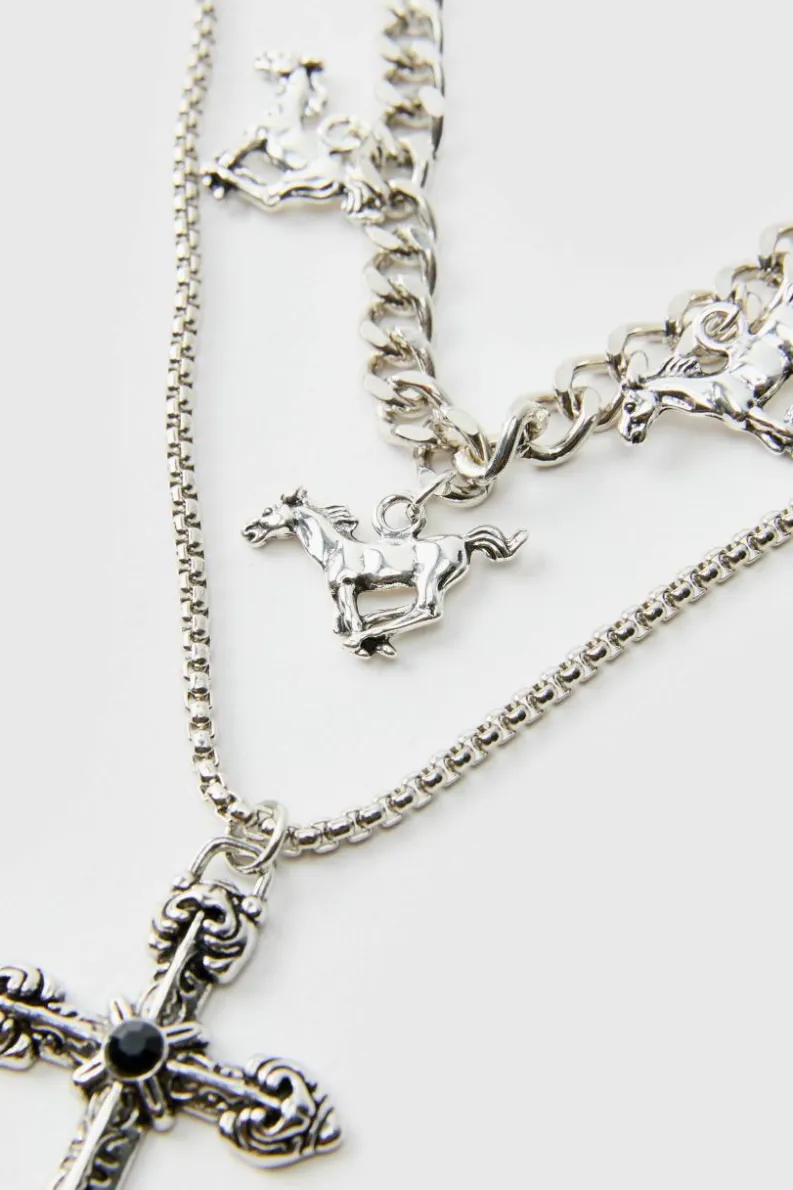 Online boohooMAN Layered Cross Necklace With Charms silver