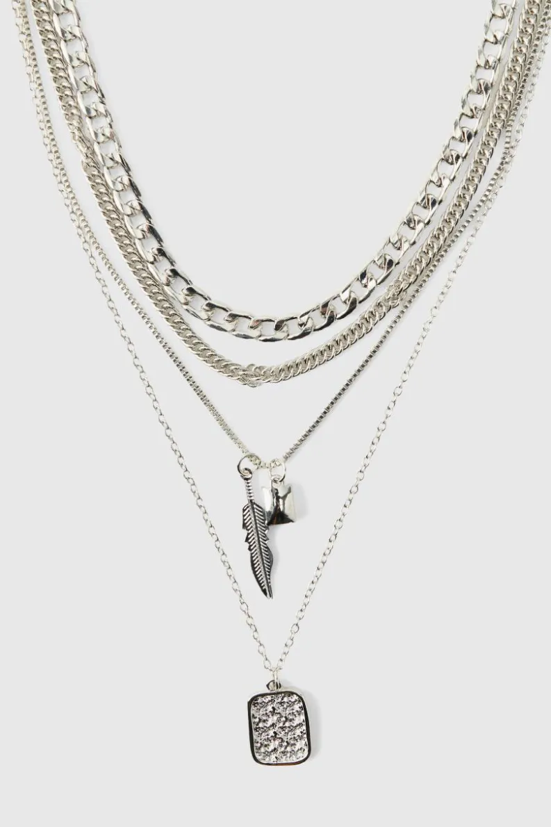 Shop boohooMAN Layered Double Pendant Necklace silver
