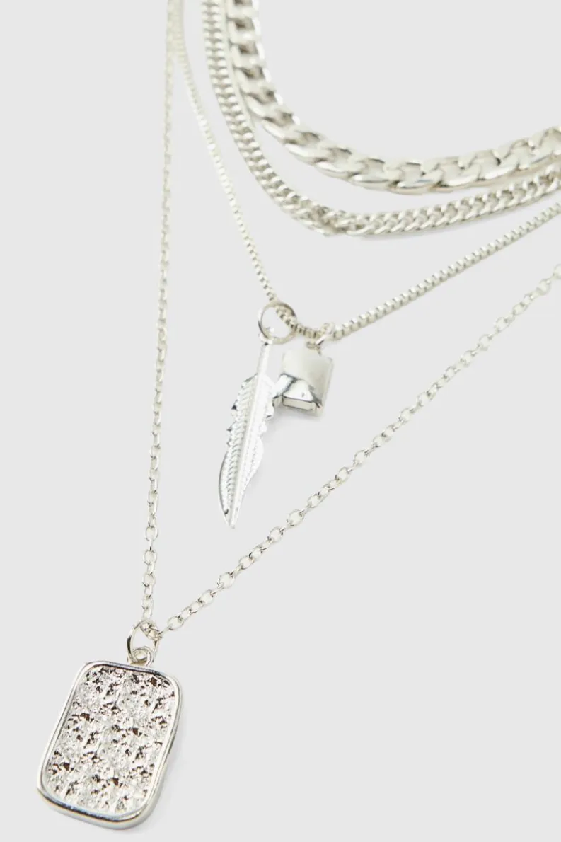 Shop boohooMAN Layered Double Pendant Necklace silver
