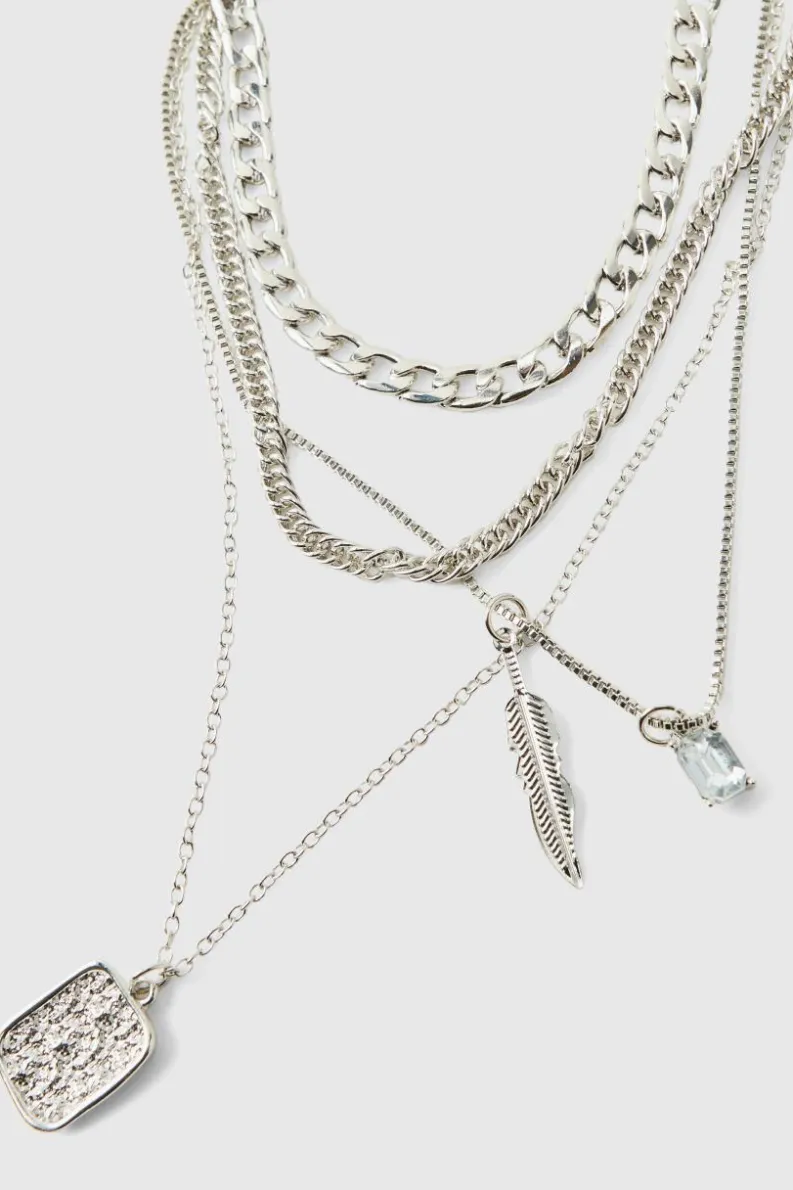 Shop boohooMAN Layered Double Pendant Necklace silver