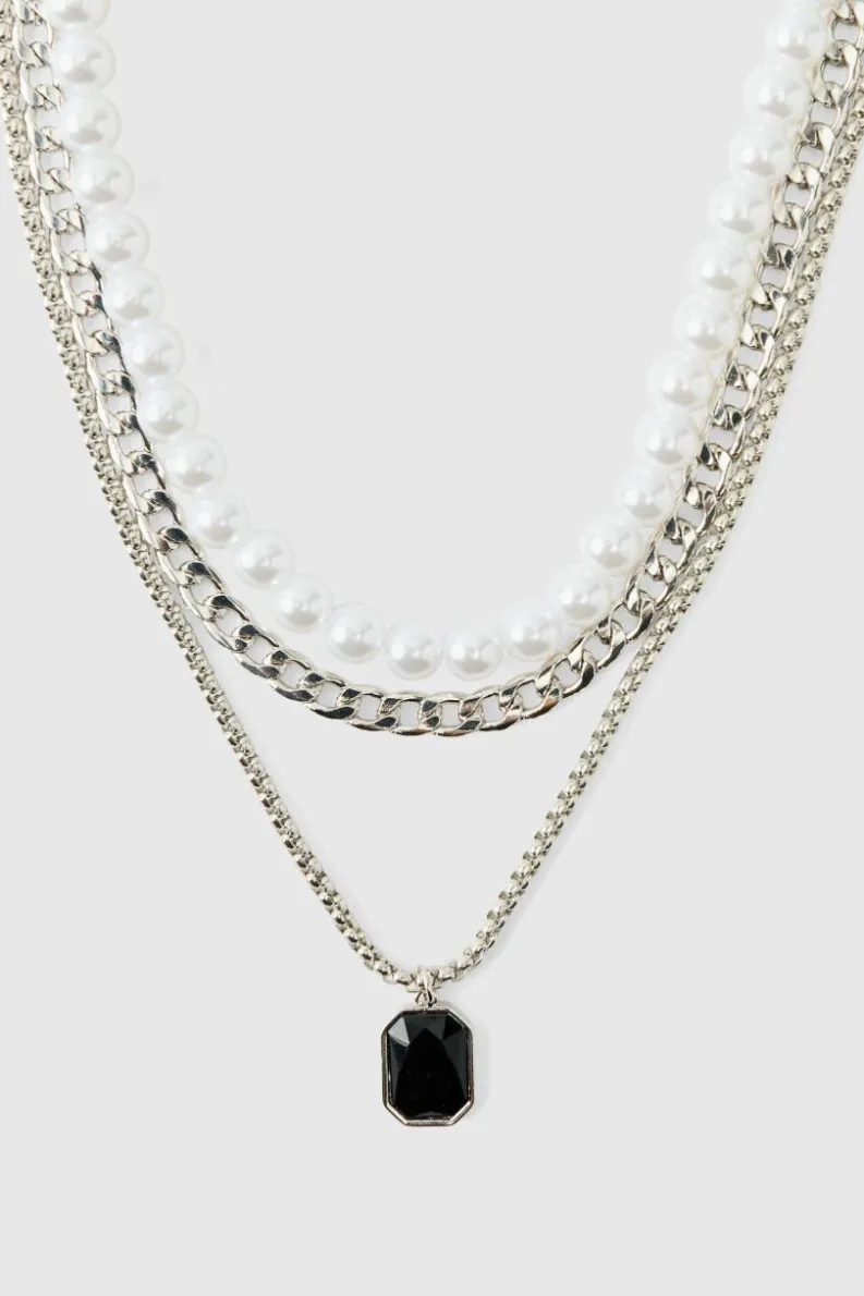 Flash Sale boohooMAN Layered Gem Pendant Necklace silver