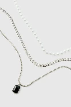 Flash Sale boohooMAN Layered Gem Pendant Necklace silver