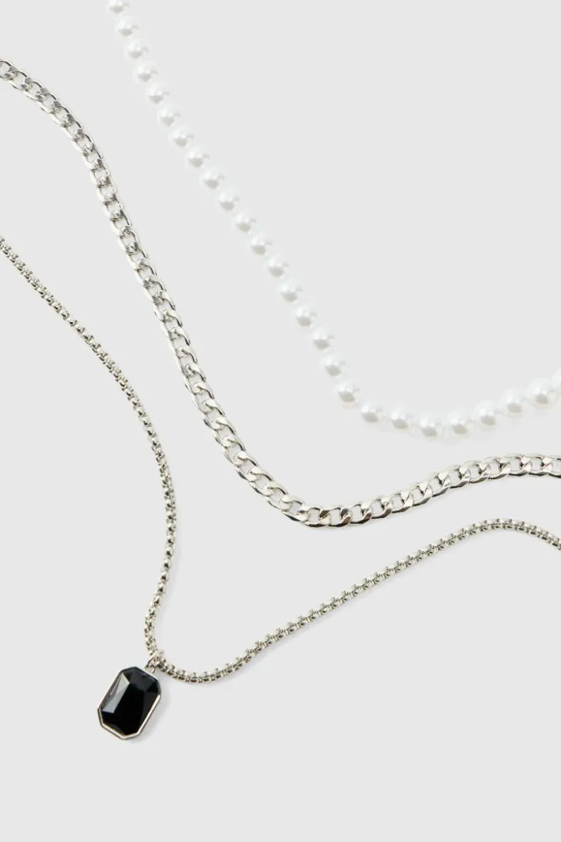 Flash Sale boohooMAN Layered Gem Pendant Necklace silver