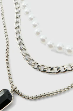 Flash Sale boohooMAN Layered Gem Pendant Necklace silver