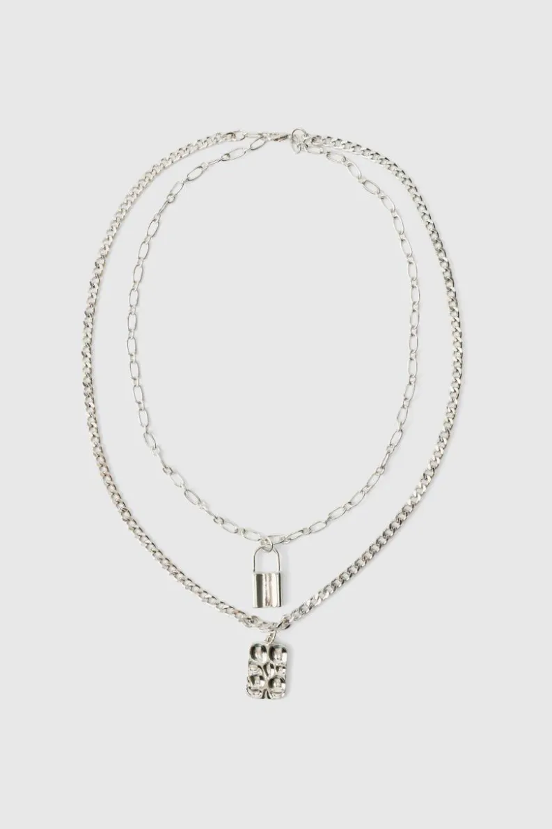 Shop boohooMAN Layered Lock Necklace silver