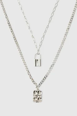 Shop boohooMAN Layered Lock Necklace silver