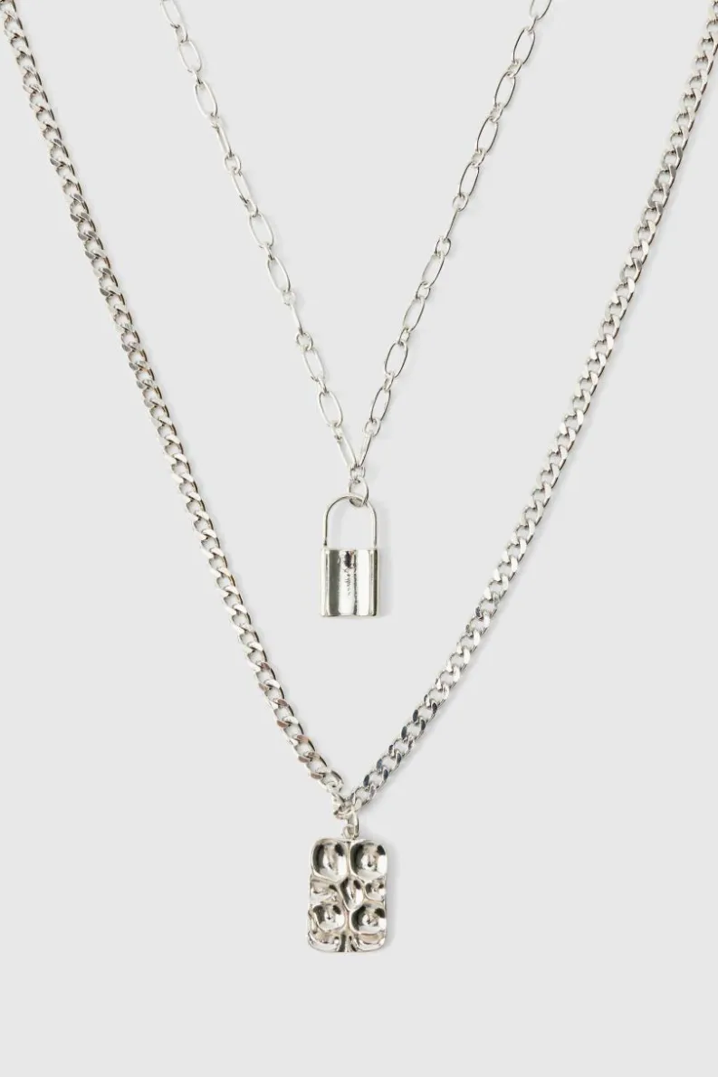 Shop boohooMAN Layered Lock Necklace silver