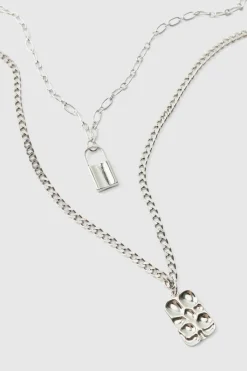 Shop boohooMAN Layered Lock Necklace silver