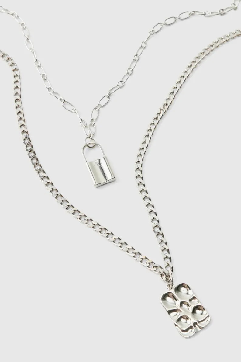 Shop boohooMAN Layered Lock Necklace silver