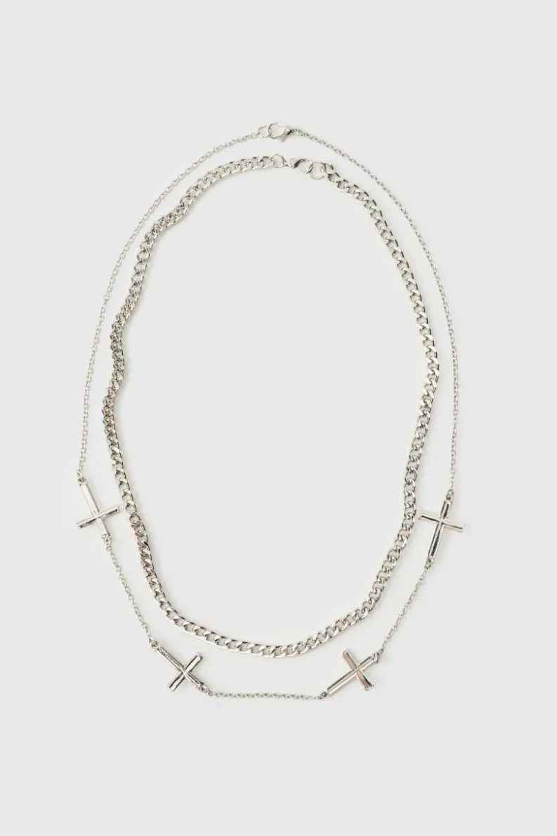 Fashion boohooMAN Layered Necklace with Cross Charms silver