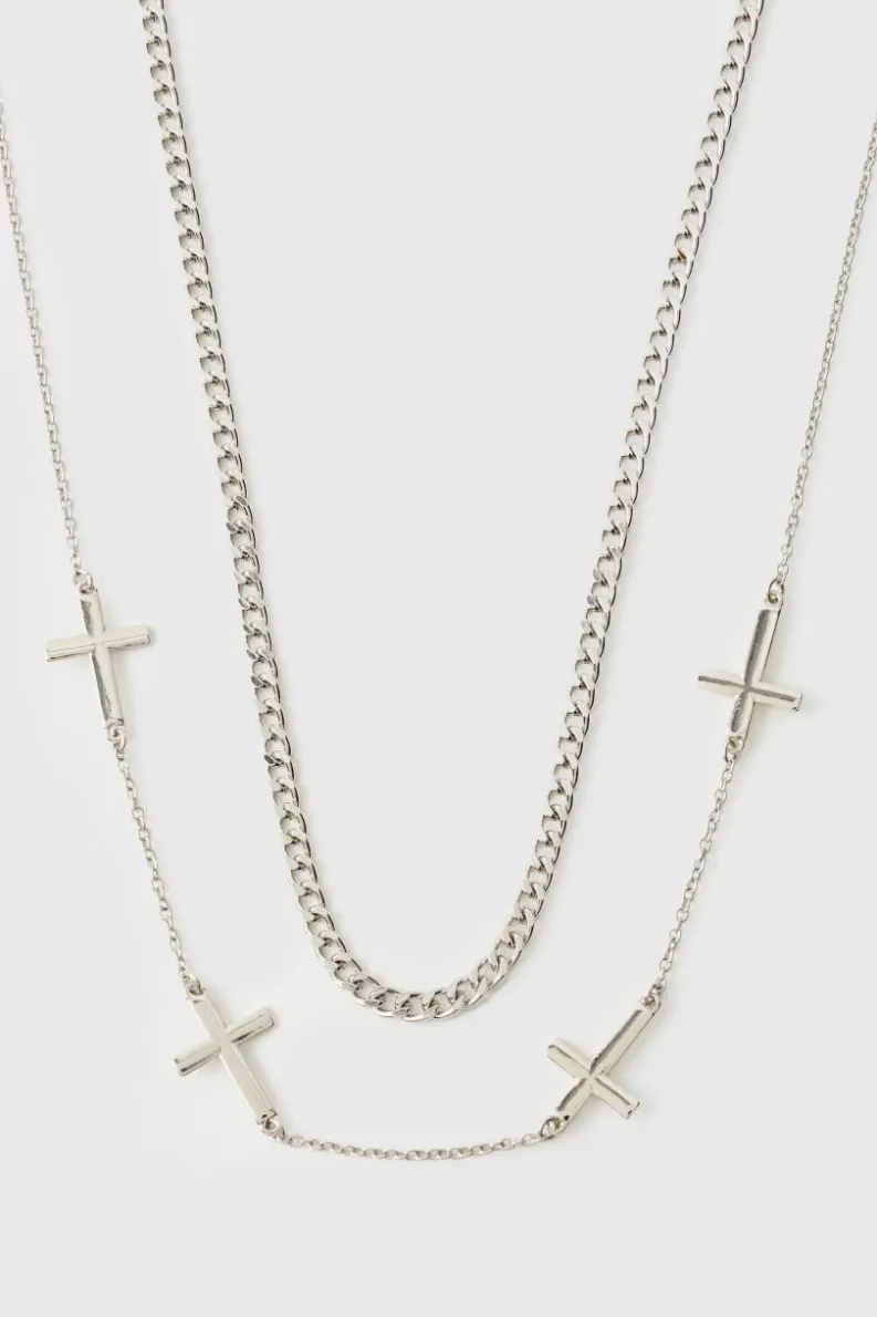 Fashion boohooMAN Layered Necklace with Cross Charms silver