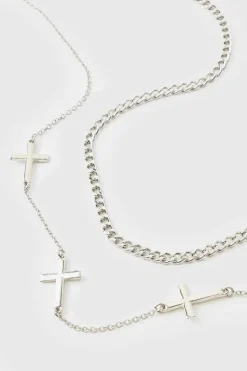 Fashion boohooMAN Layered Necklace with Cross Charms silver